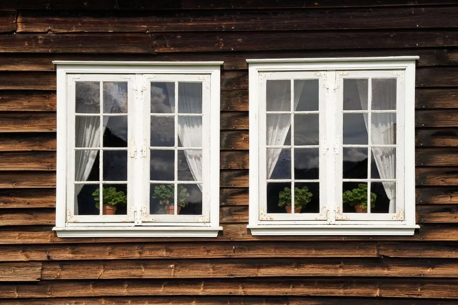 Close-up of two white framed windows with curtains against a rustic wooden house exterior.